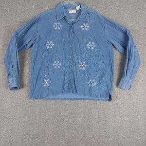 DECORATED ORIGINALS WOMENS BLUE CORDUROY EMBROIDERED SNOWFLAKE BUTTON UP SHIRT L